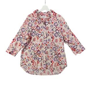 Foxcroft Non-Iron Button-Up Top 3/4 Sleeve‎ Geometric Ikat Print Blouse Women 16